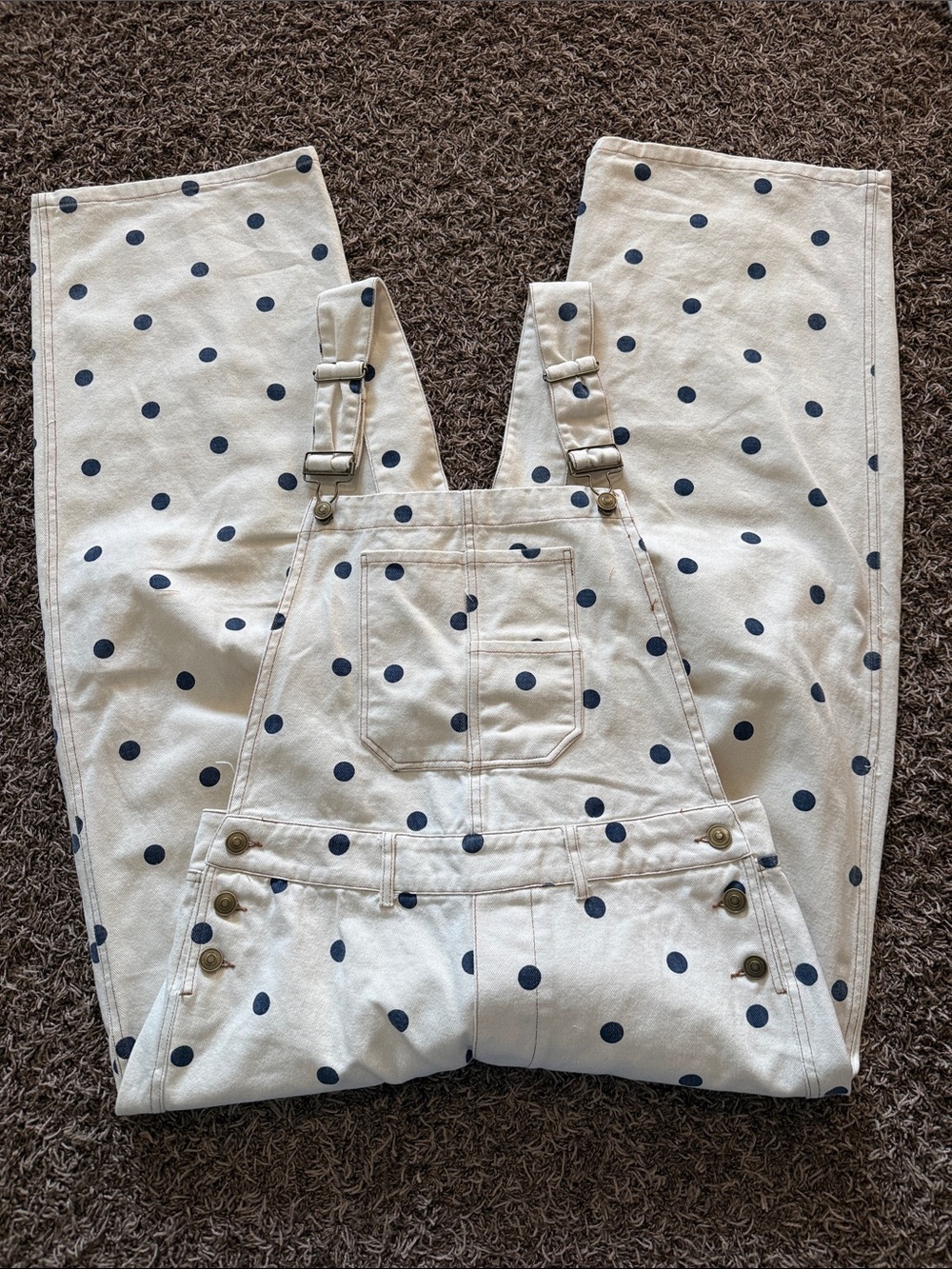 Peach Love California Cream Overalls with Navy Polka Dots